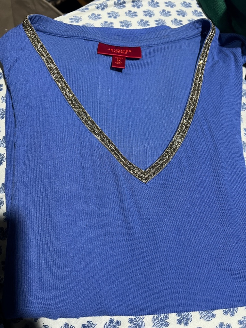 Jennifer Lopez Cobalt Blue V-Neck Top with Silver Metallic Trim
